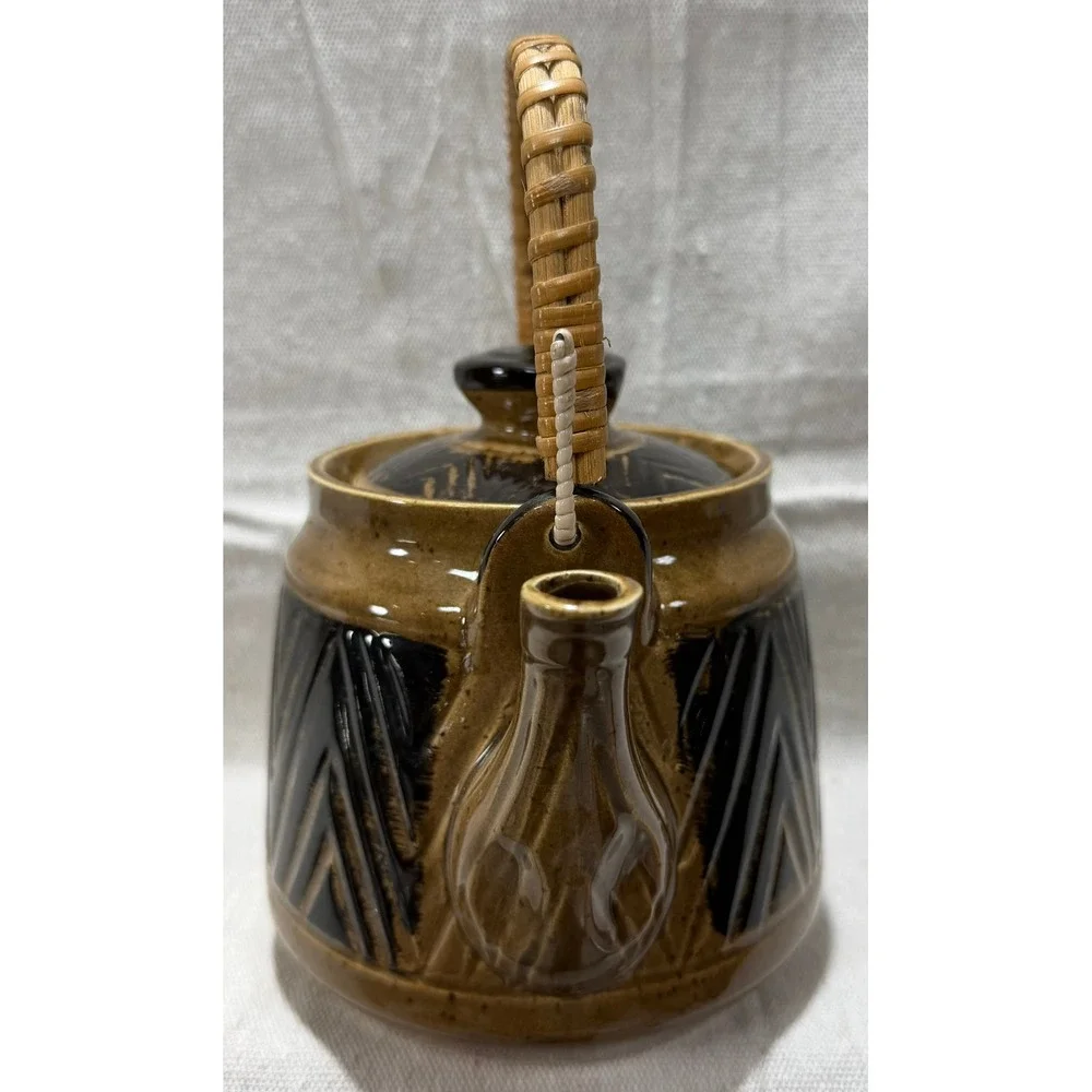 Vintage Japanese Ceramic Teapot Woven Bamboo Handle Brown Geometric MCM Japan